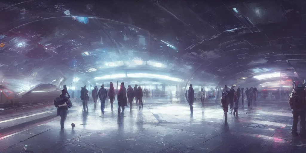 Image similar to painting of a Metro station in the middle of space by greg rutkowski and Craig Mullins, Dark atmospheric and cinematic lighting, 8k