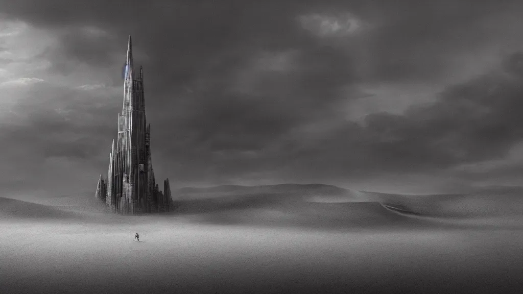 Prompt: patrick j. jones. rutkowski. the last tower. sand. lonely. 3 8 4 0 x 2 1 6 0