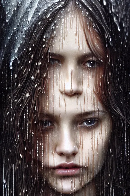 Image similar to portrait of a girl in the rain with wet hair and face, fantasy, intricate, elegant, dramatic lighting, emotionally evoking symbolic metaphor, highly detailed, lifelike, photorealistic, digital painting, artstation, concept art, smooth, sharp focus, illustration, art by John Collier and Albert Aublet and Krenz Cushart and Artem Demura and Alphonse Mucha