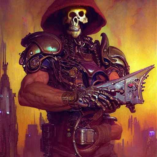 Image similar to portrait of skeletor. shadowrun cyberpunk fantasy highly detailed painting by gaston bussiere craig mullins jc leyendecker gustav klimt artgerm greg rutkowski john berkey, bergey, craig mullins, ruan jia, raymond swanland, jeremy mann, tom lovell, alex malveda