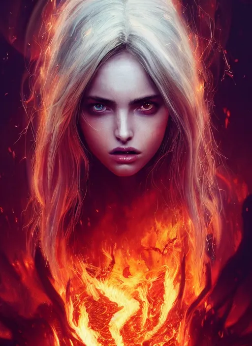 Image similar to evil pretty blond girl demon spawn surrounded by fire tornadoes, flawless symmetrical pretty cute face, ana de armas, greg rutkowski, 8 k, shallow depth of field, intricate detail, concept art,