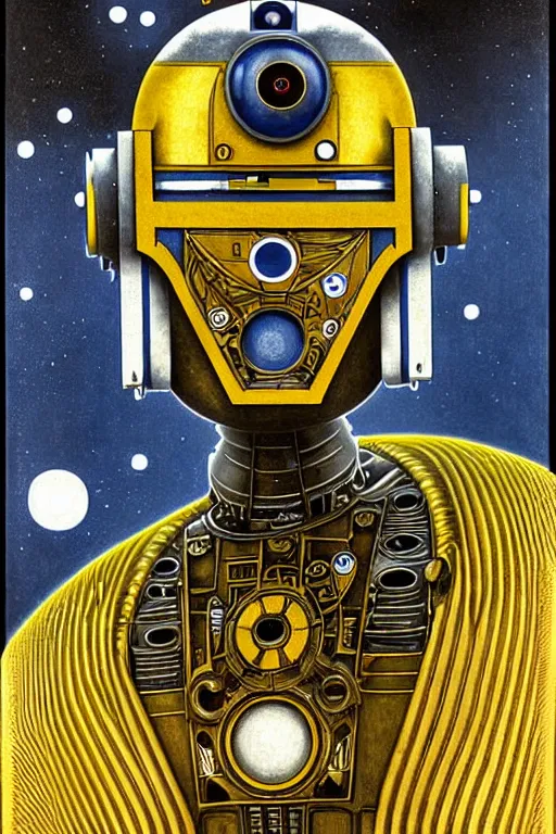 Prompt: 1 9 2 0 s r 2 - d 2 robot, large metal mustache, muted colors, nebula background, glowing yellow eyes, detailed realistic surreal retro robot in full regal attire. face portrait. art nouveau, visionary, baroque, giant fractal details. horizontal symmetry by zdzisław beksinski, gears, alphonse mucha. highly detailed, realistic