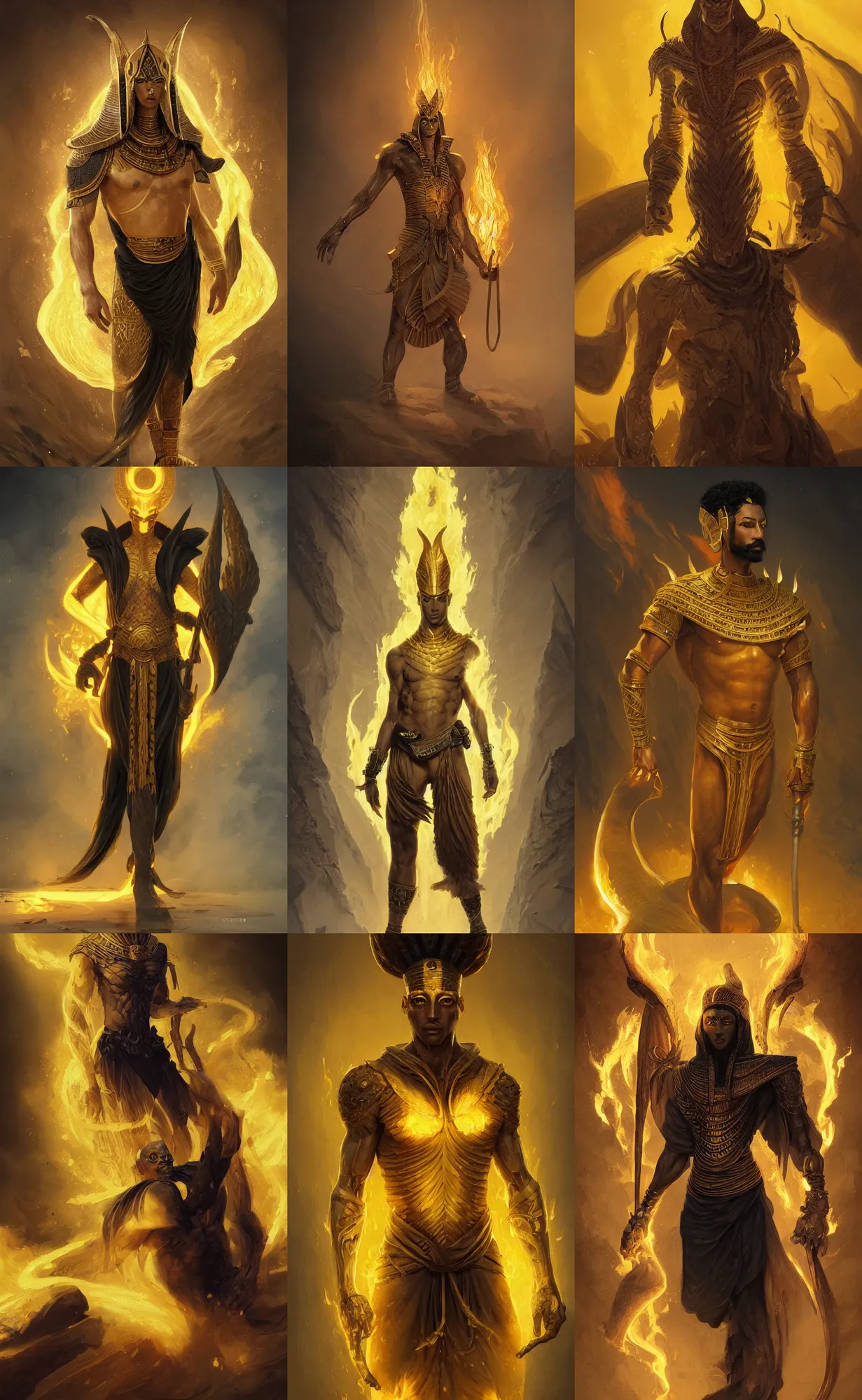 Prompt: yellow skin, fire egyptian god, full body shot, black burnt cloth, male, highly detailed, digital painting, artstation, concept art, sharp focus, illustration, orientalism, art by aleksi briclot and mohrbacher and raphael lacoste and magali villeneuve