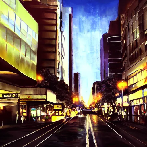 Image similar to auckland city queen street, dynamic lighting, cinematic composition, artstation, kiwiana
