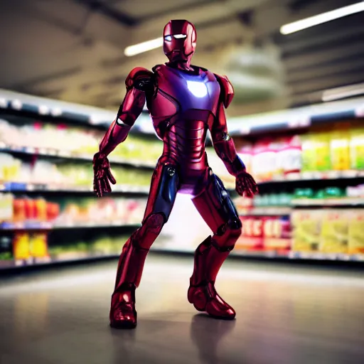 Image similar to mini iron man flying around in a crowded grocery, macro, wide shot, dramatic lighting, octane render, hyperrealistic, HD