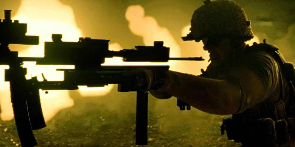 Image similar to high detail movie still of ultra realistic spongebob squarepants shooting an ak - 4 7 machine gun with muzzle flash, cinematic framing rule of thirds, cinematic light, hard shadows, in the style of the movie lone survivor,