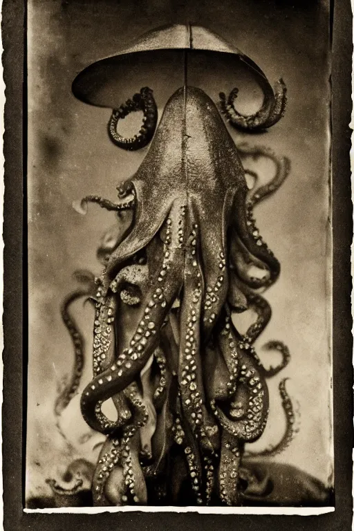 Image similar to a wet plate photo of an anthropomorphic octopus dressed as pope