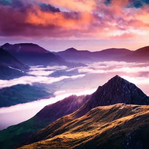 Prompt: Crib Goch!!!!!!!!!!! ridge, rays, epic, cinematic, photograph, atmospheric, dawn, golden hour, sunrise, purple blue sky clouds