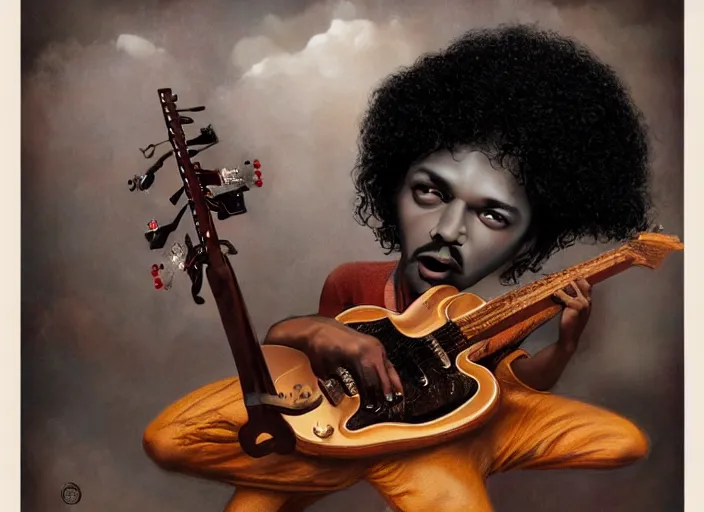 Image similar to a black man with long curly hair playing electric guitar, lowbrow, matte painting, 3 - d highly detailed, in the style of mark ryden,