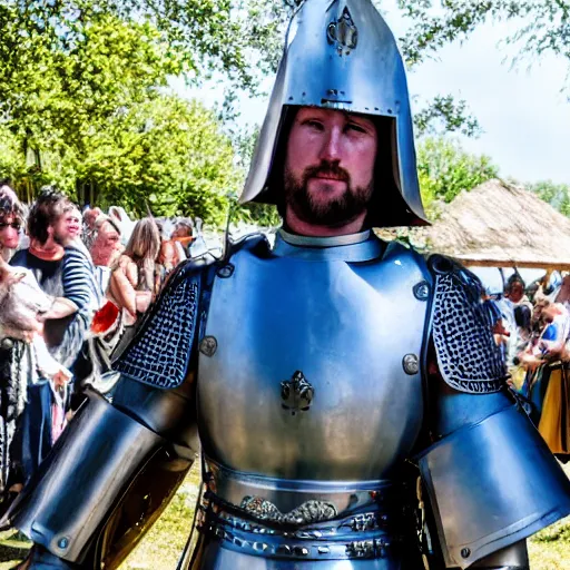 Prompt: bjorn of backwater, honorable knight of francia, standing with his blue shield up and a short sword in his hand, real life, renaissance fair, gladiator, motion blur