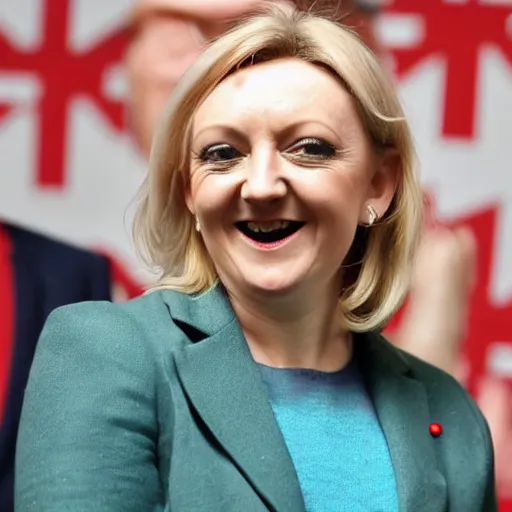 Prompt: liz truss wrapped in sausages