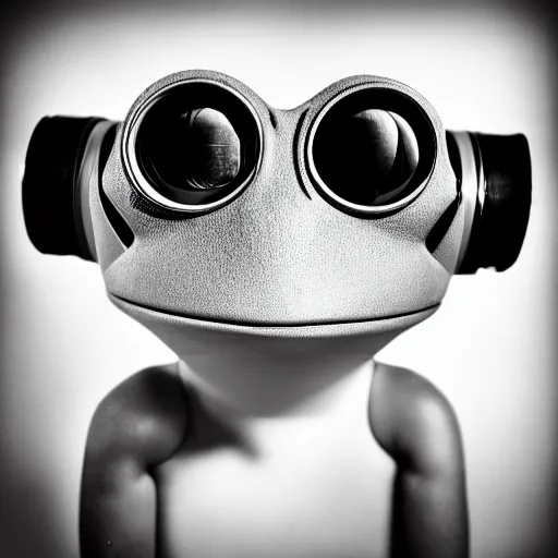 Image similar to cyborg frog with a camera lens as a head, front profile mugshot, monochromatic photo