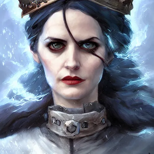 Prompt: grumpy eva green, ice mage, dnd character art portrait, epic composition, matte fantasy painting, deviantart artstation, by jason felix by steve argyle by tyler jacobson by peter mohrbacher, cinema, masterpiece