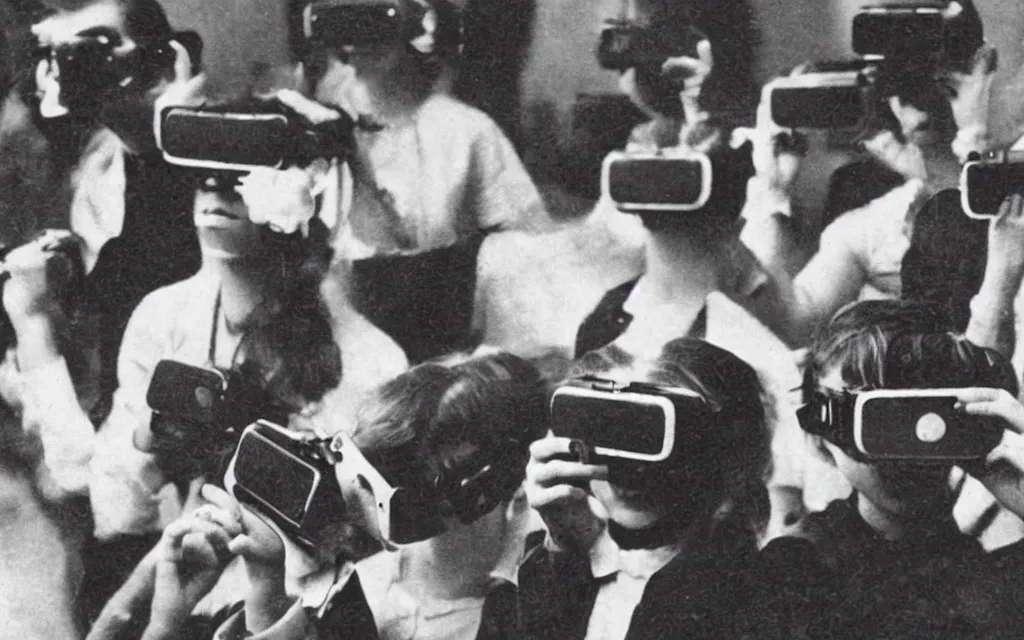 Image similar to 1 9 0 0 s photo of people using iphones ipods virtual reality headsets vr in a movie theater double exposure masterpiece