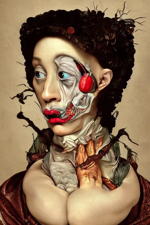 Image similar to Detailed maximalist portrait with large lips and with large wide eyes, surprised expression, surreal extra flesh and bones, HD mixed media, 3D collage, highly detailed and intricate, illustration in the style of Caravaggio, dark art, baroque