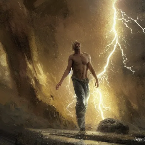 Image similar to a young man with short blonde hair struck by lightning from the gods. detailed matte painting. masterpiece. 4 k. fantasy art. by craig mullins. franzetta. repin