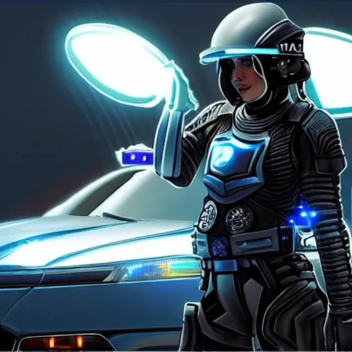 Image similar to “Olivia Wilde as a police officer in futuristic ballistic armor with neon LEDs in front of police car with sirens on, highly detailed digital art photorealistic”