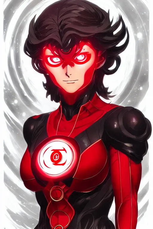 Image similar to anime key visual of a beautiful female red lantern!! intricate, red and black suit, glowing, powers, rage, anger, hate, dc comics, cinematic, stunning, highly detailed, digital painting, artstation, smooth, hard focus, illustration, art by artgerm and greg rutkowski and alphonse mucha