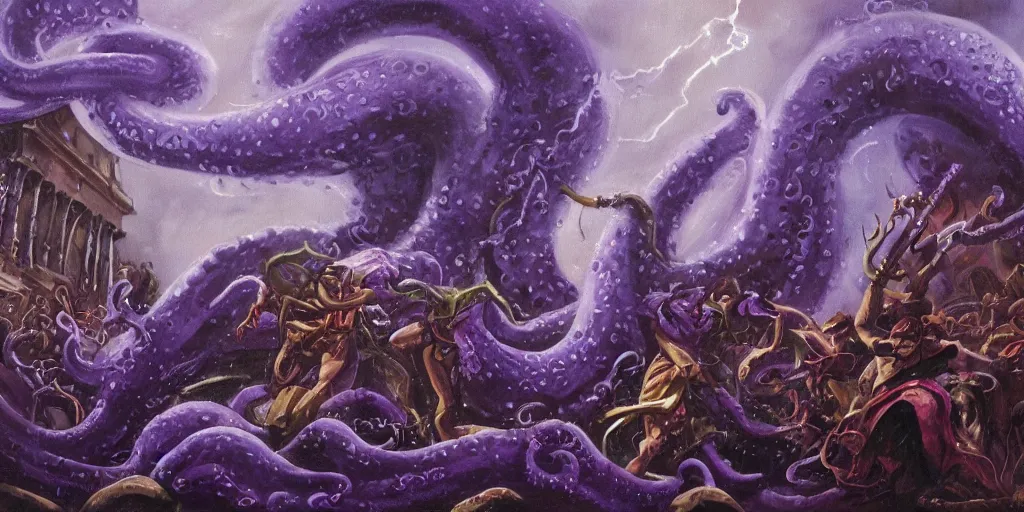 Prompt: giant purple tentacle demon. besieges ancient city. during lightning storm. oil painting.