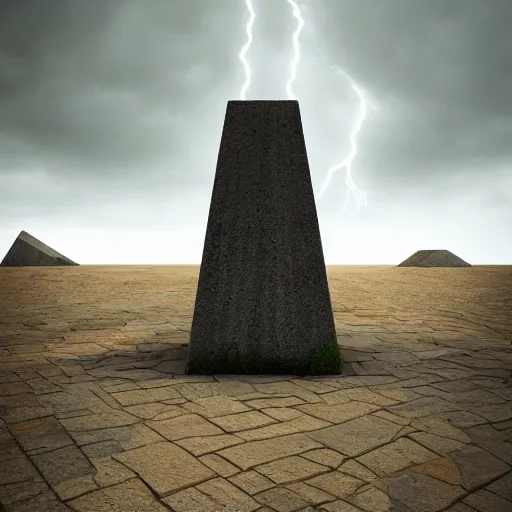 Image similar to Lighting strikes a Tapered stone monument, High contrast with Dynamic Lights and Shadows, Overcast Sky, Rendering, Octane, Redshift, 8k