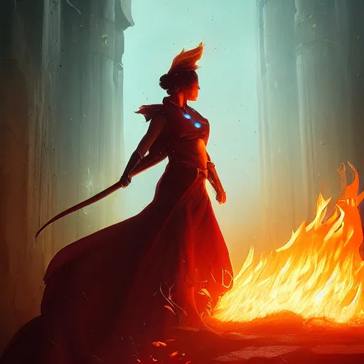 Prompt: fantasy art of a power female fire mage in the style of greg rutkowski, detailed, cinematic, movie poster