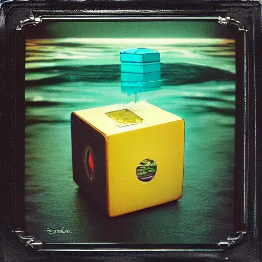 Prompt: a beautiful painting reflective of the space fractal sage shallows cube canary gong trombone, by Dan Mumford and Jakub Rozalski and Brom, polaroid photo, #macro, Tilt shift summer