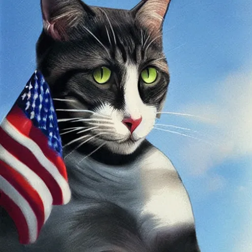 Image similar to cat as american captain, realistic, by marvel