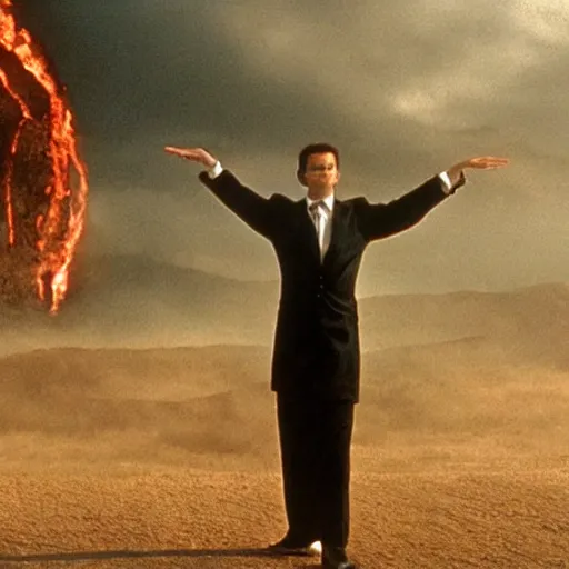 Image similar to film still of patrick bateman holding the one ring at mount doom in the return of the king