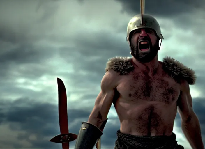 Image similar to cinematic film still of joe biden as leonidas shouting in 3 0 0 movie, 8 k, epic moody sky, dramatic lighting