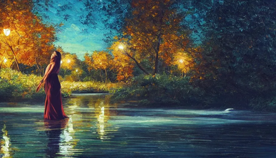 Prompt: an oil painting of a beautiful woman transforming into a peaceful river at night, it's autumn and a gentle breeze is moving leaves around, cinematic lighting, establishing shot, art station