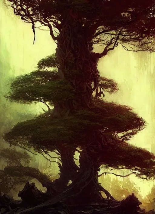 Image similar to giant tree, intricate, elegant, highly detailed, vivid colors, john park, frazetta, sparth, ruan jia, jeffrey catherine jones