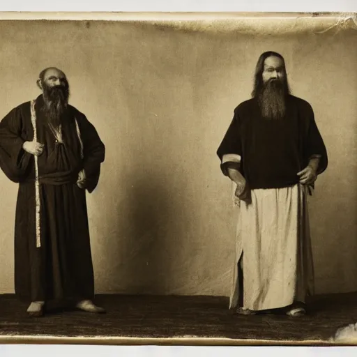 Image similar to two men stand beside one another, an alchemist and a shaman, ancient esoteric era, studio photography