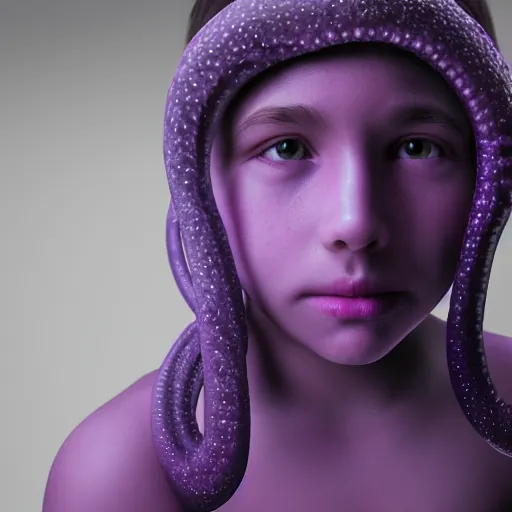 Prompt: preteen, purple eyes, small purple tentacle, photorealism, 4k