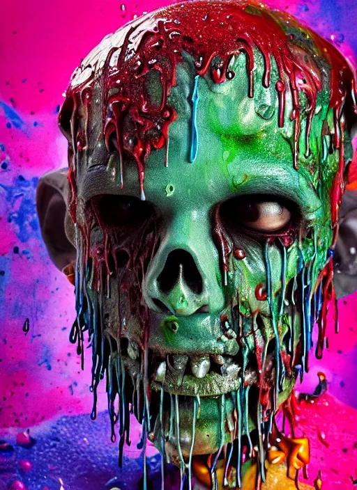 Prompt: beautiful 3 5 mm photograph of a slimy rotting zombie cop covered in colorful wet goop, dripping with colorful liquid, policeman, cop, biocop, intricate details, dark ambient, service cap, atmospheric, movie poster, poster, horror, elegant, super highly detailed, professional digital photo, artstation, concept art, 8 k