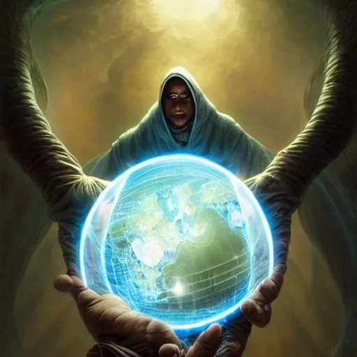 Image similar to the creator of worlds wearing a cloak and holding a holographic planet projection in his hand, detailed, sci - fi, digital painting, artstation, sharp focus, illustration, ominous, artgerm, tomasz alen kopera, peter mohrbacher, donato giancola, joseph christian leyendecker, wlop, frank frazetta