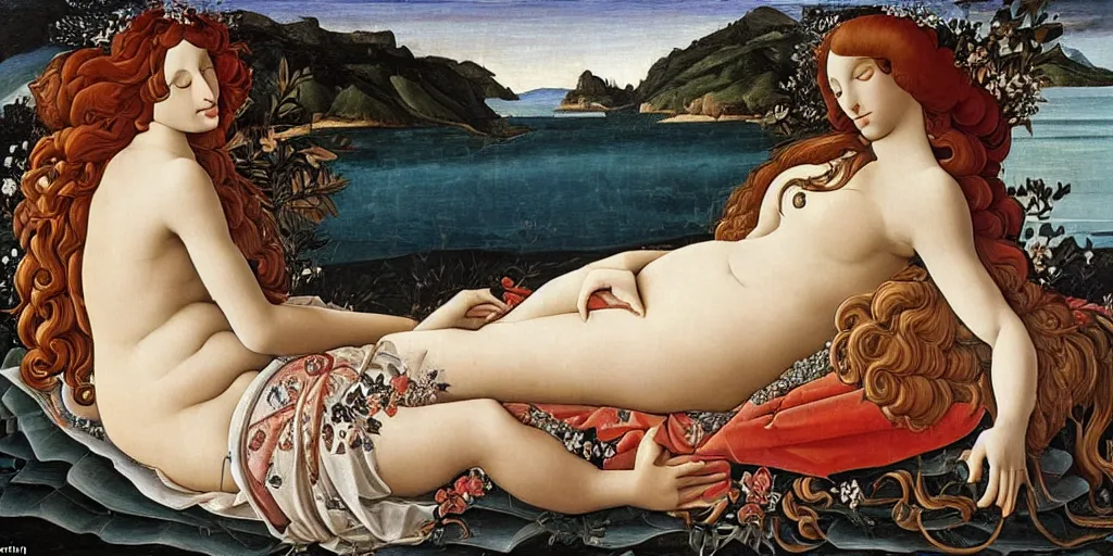 Image similar to an hyperrealistic mythological oil painting of venus with long curly brown hair, full body, wearing floral chiton, sleeping in a giant scallop shell near the seashore, intricate, elegant, renaissance style, by sandro botticelli