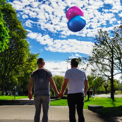 Image similar to alex jones and a gay frog holding hands in the park, sunny day with fluffy clouds,