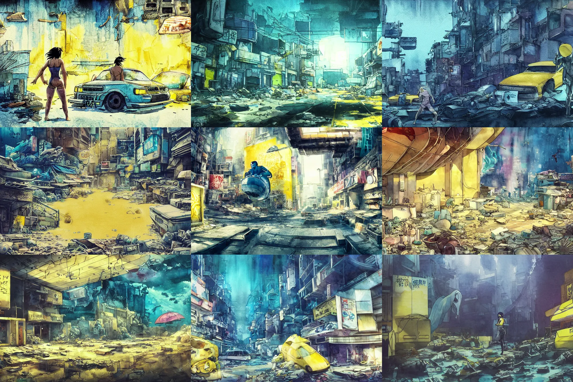 Prompt: incredible underwater movie scene, ghost in the shell background, simple watercolor, harsh bloom lighting, rim light, underwater abandoned city, paper texture, movie scene, distant shot of an underwater astronaut exploring, yellow graffiti in deserted dusty shinjuku junk town, yellow awning, old pawn shop, bright sun bleached ground