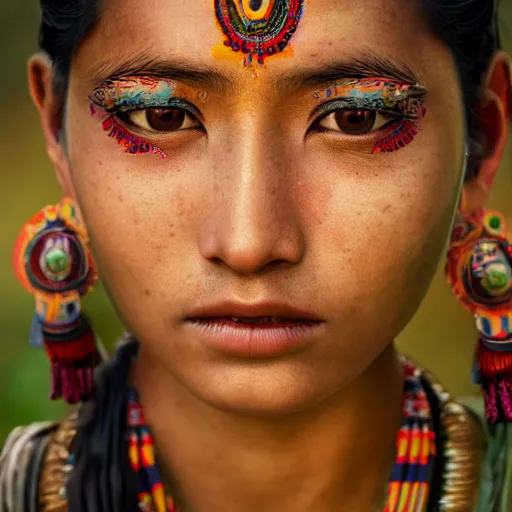 Prompt: portrait of a stunningly beautiful alluring nepalese tribal female, depth of field, zeiss lens, detailed, symmetrical, centered, fashion photoshoot, by annie leibovitz and steve mccurry, david lazar, jimmy nelsson, breathtaking, 8 k resolution, extremely detailed, beautiful, establishing shot, artistic, hyperrealistic, beautiful face, octane render