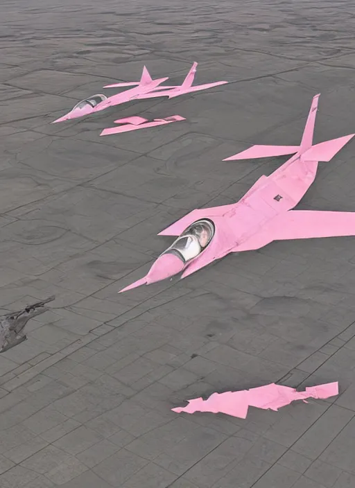 Image similar to hyperrealism, detailed textures, photorealistic 3 d, fighter jet, in futuristic stealth style, flying at ground level over an endless plain of pink flamingos, ultra realistic, cinematic, intricate, cinematic light, unreal engine 8 k