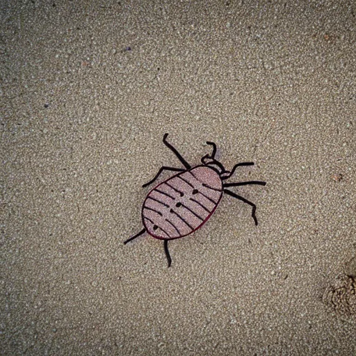 Prompt: a beetle drawn into the sand of a beach, top down view