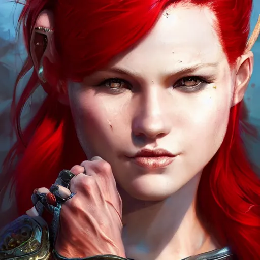 Prompt: fantasy portrait of a middle aged beautiful female barbarian warrior with red hair , made by Stanley Artgerm Lau, WLOP, Rossdraws, ArtStation, CGSociety, concept art, cgsociety, octane render, trending on artstation, artstationHD, artstationHQ, unreal engine, 4k, 8k,