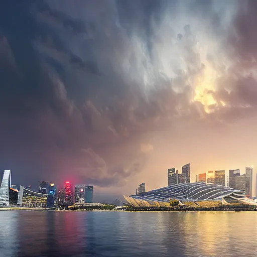 Image similar to Singapore Esplanade Marina Bay city with a lion-shaped cloud in the sky, by greg rutkowski, red and white lighting, digital art, ultra realistic, ultra detailed, photorealistic, 4k, character concept