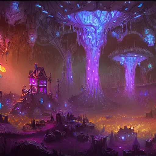 Image similar to concept art detailed painting of a dark purple fantasy fairytale fungal town made of mushrooms, with glowing blue lights, in the style of jordan grimmer and neil blevins and wayne barlowe