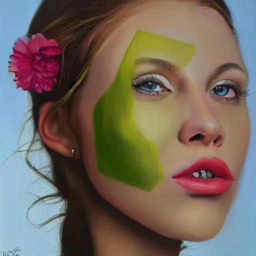 Image similar to hyperrealist oil painting of flowerpunk fashion model, portrait, painting by raphael