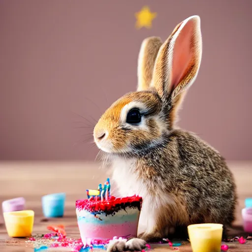 Image similar to photo of baby rabbit eating birthday cake, cinematic, 4 k, highly detailed, strong bokeh