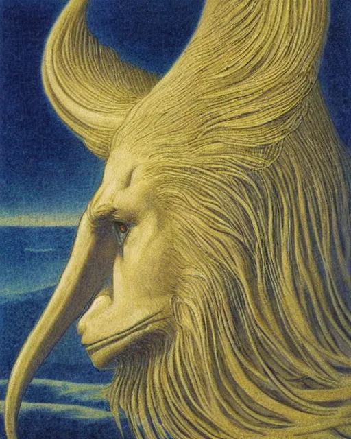 Prompt: a creature with the body and eyes of a man, with the beak of an eagle, the mane of a lion, and the horns of an ox by jean delville