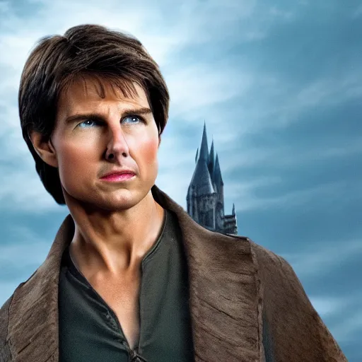 Prompt: high detail photo of Tom Cruise as Harry Potter, upper torso, wand in hand, 4k,