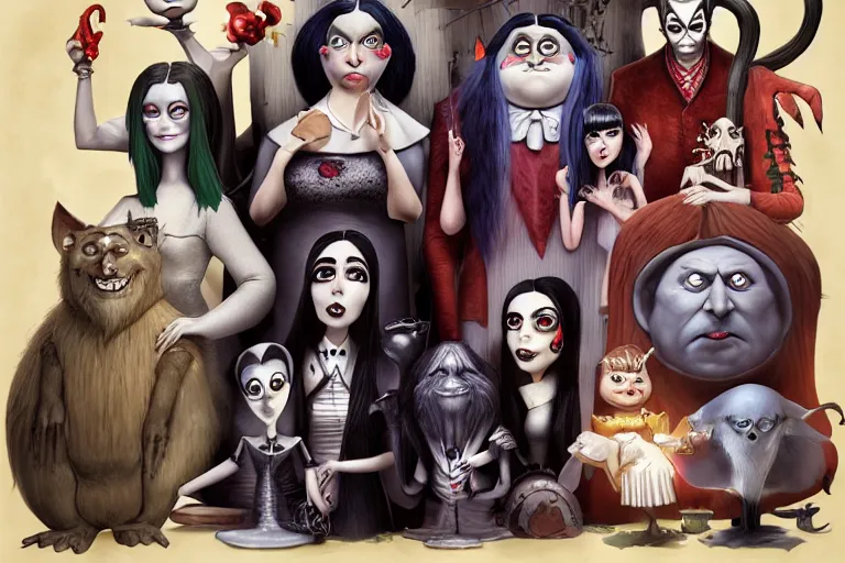 Image similar to the addams family, american mcgee's alice, sharp focus, artstation, trending, by julie dillon, luis melo, tyler miles lockett, lei jin, hong lei, ken wong, adam narozanski, joy ang