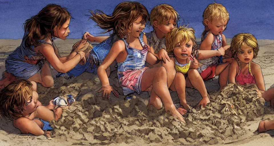 Prompt: little kids play with sand in beach , high quality, illustration, by David Finch